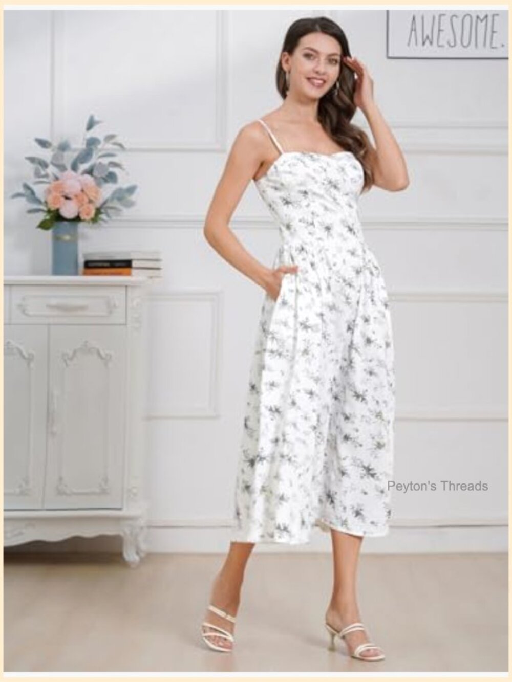 Sexy Spaghetti Strap Bustier Midi Dress with Pockets Flowy Pleated Hem - Picture 5 of 7